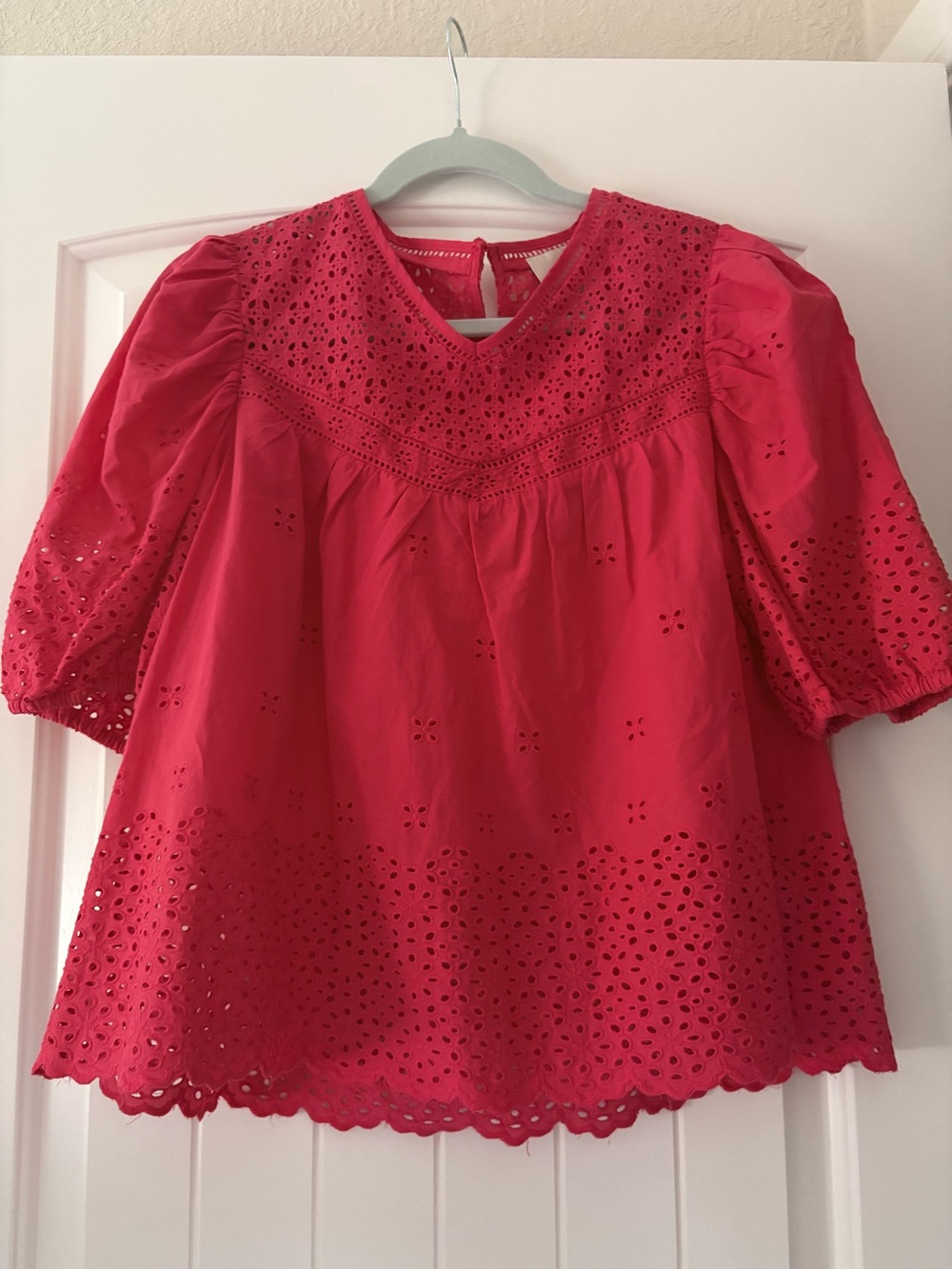 Eyelet V-Neck Peasant Blouse in Red